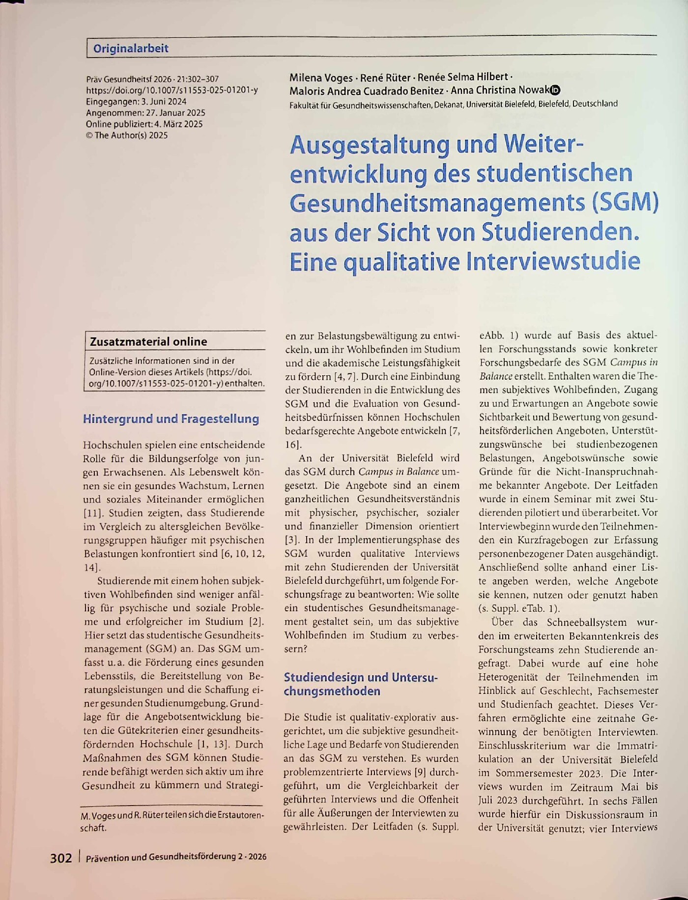 Vorschauseite 1: Ausgestaltung und Weiterentwicklung des studentischen Gesundheitsmanagements (SGM) aus der Sicht von Studierenden. Eine qualitative Interviewstudie
