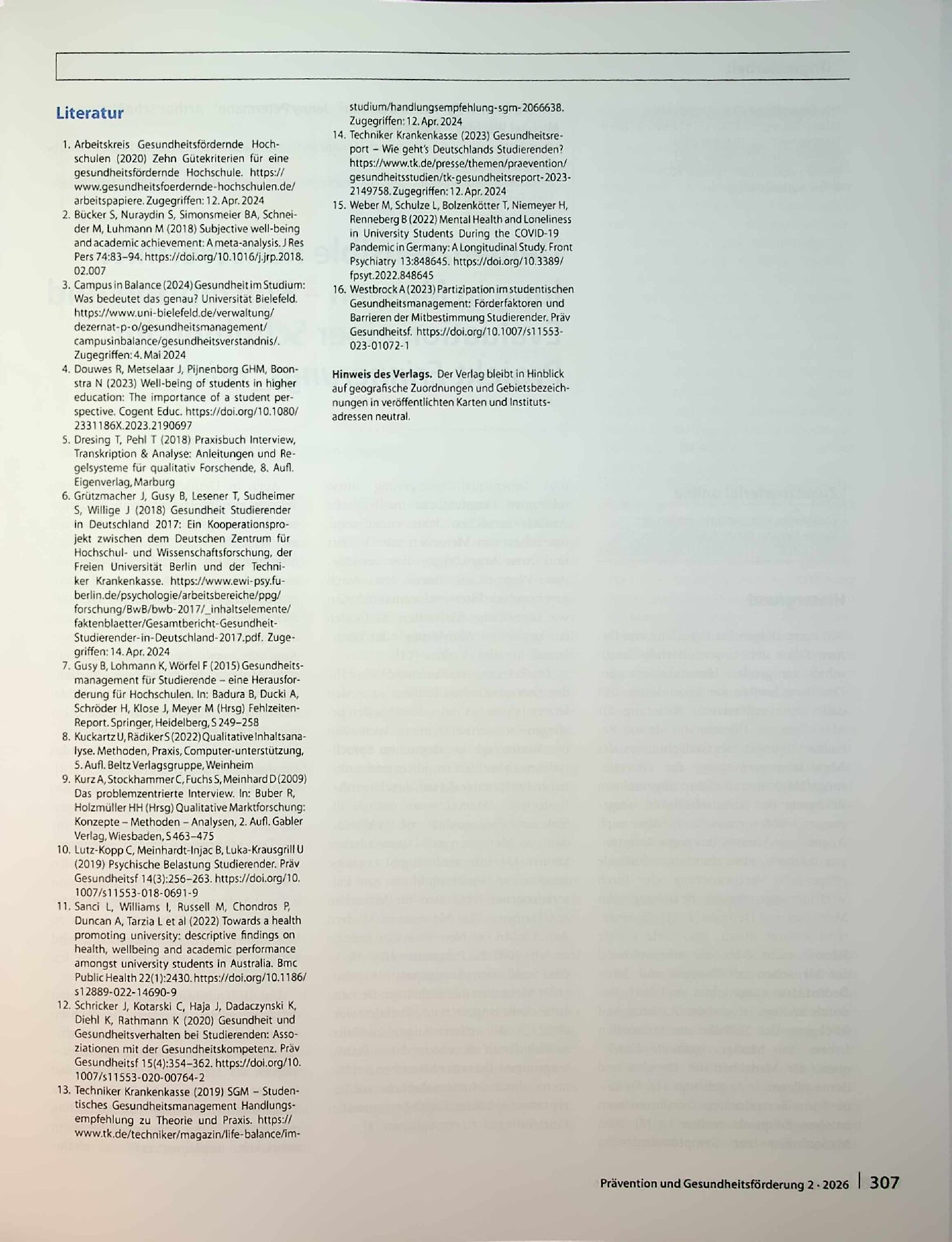 Vorschauseite 6: Ausgestaltung und Weiterentwicklung des studentischen Gesundheitsmanagements (SGM) aus der Sicht von Studierenden. Eine qualitative Interviewstudie