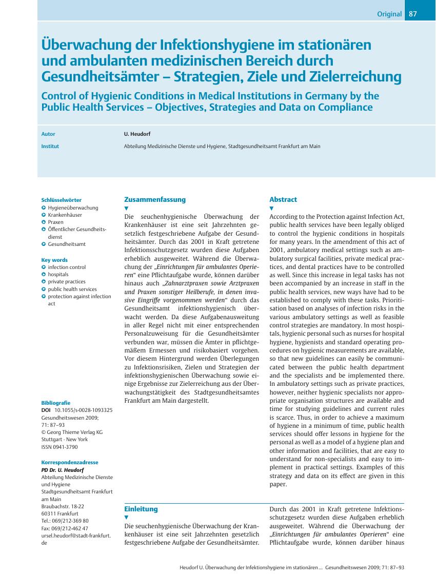 Vorschauseite 1: Überwachung der Infektionshygiene im stationären und ambulanten medizinischen Bereich durch Gesundheitsämter – Strategien, Ziele und Zielerreichung