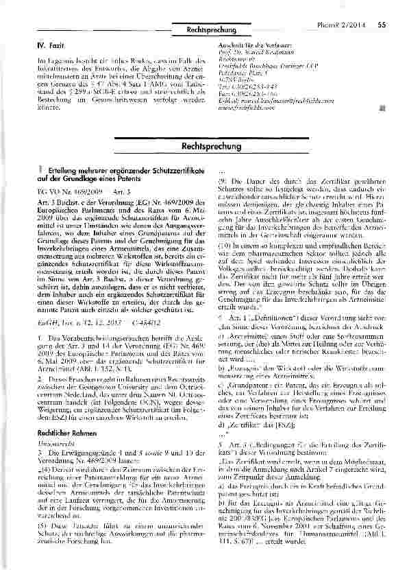 Vorschauseite 1: Erteilung mehrerer ergänzender Schutzzertifikate auf der Grundlage eines PatentsEG VO Nr. 469/2009 - Art. 3
