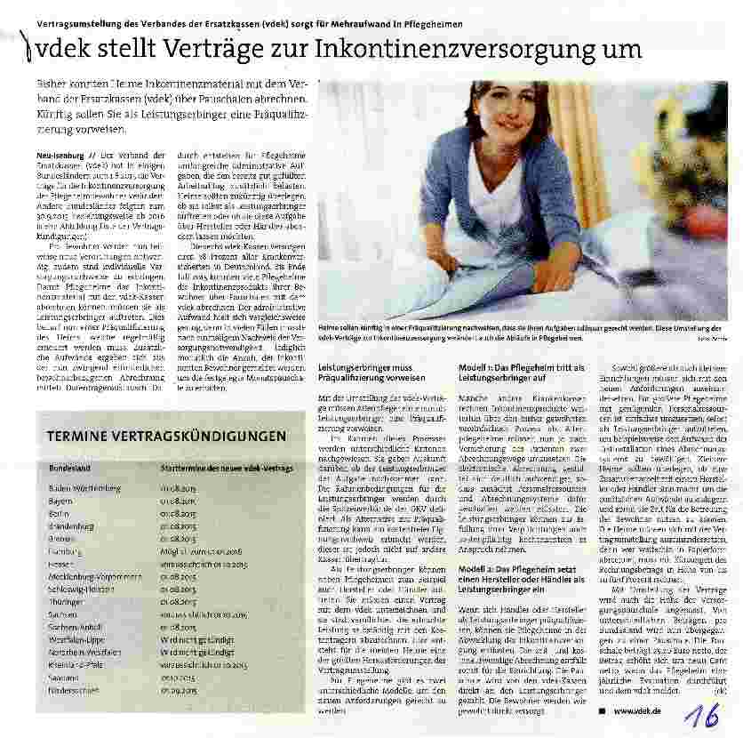 Vorschauseite 1: Vertragsumstellung des Verbandes der Ersatzkassen (vdek) sorgt für Mehraufwand in Pflegeheimen vdek stellt Verträge zur Inkontinenzversorgung um