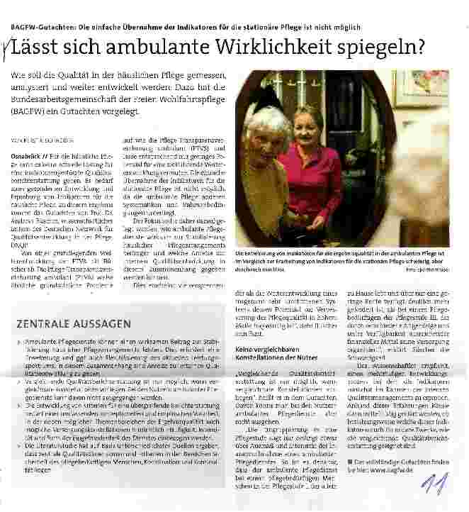 Vorschauseite 1: BAGFW-Gutachten: Die einfache Übernahme der Indikatoren für die stationäre Pflege ist nicht möglich Lässt sich ambulante Wirklichkeit spiegeln?