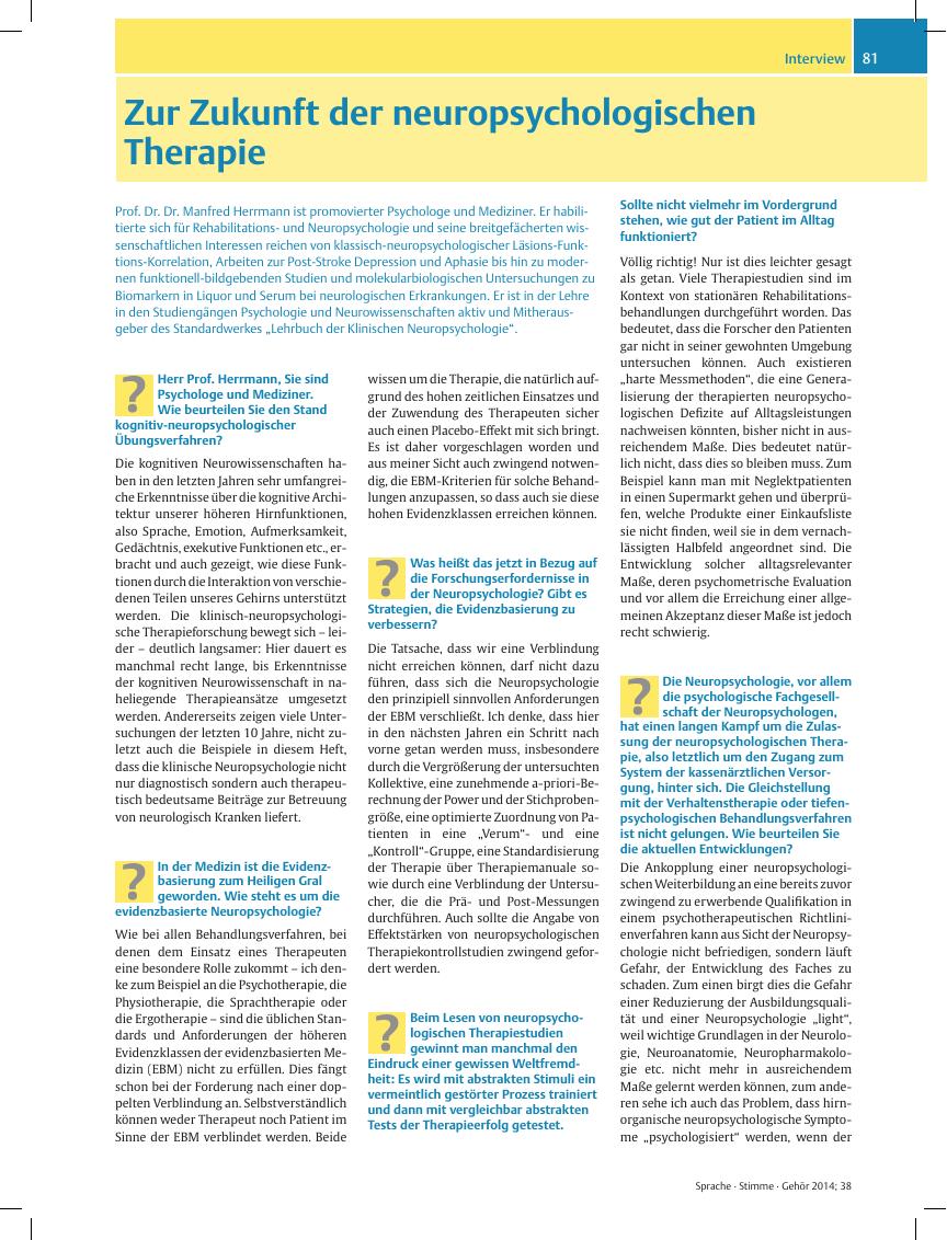 Vorschauseite 1: Zur Zukunft der neuropsychologischen Therapie