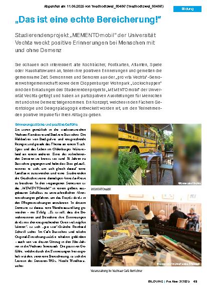 Vorschauseite 1: „Das ist eine echte Bereicherung! “ Studierendenprojekt „MEMENTOmobil“ der Universität Vechta weckt positive Erinnerungen bei Menschen mit und ohne Demenz