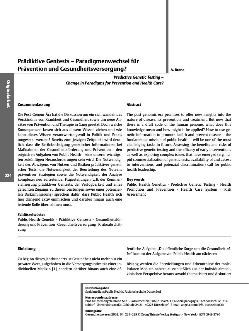 Vorschauseite 1: Prädiktive Gentests - Paradigmenwechsel für Prävention und Gesundheitsversorgung?