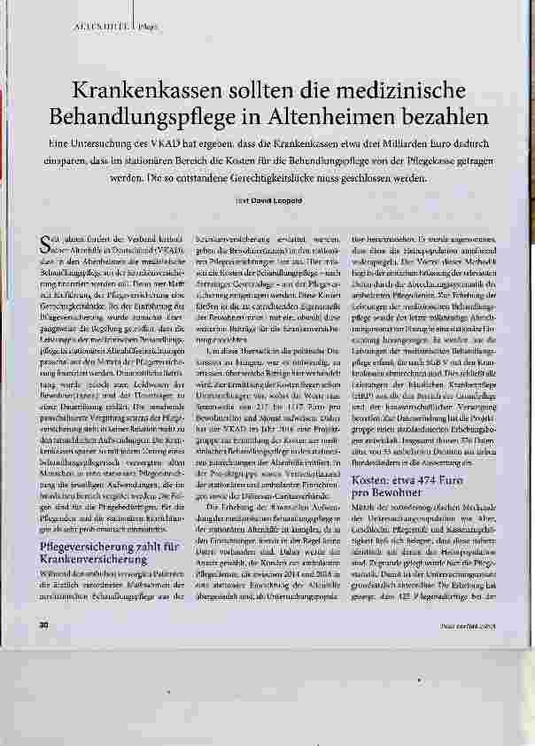 Vorschauseite 1: Krankenkassen sollten die medizinische Behandlungspflege in Altenheimen bezahlen