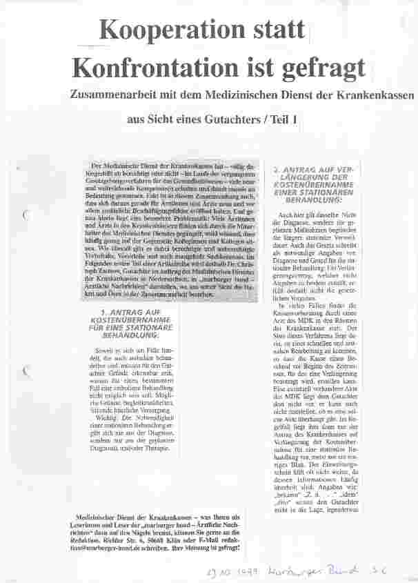 Vorschauseite 1: Kooperation statt Konfrontation ist gefragt Zusammenarbeit mit dem Medizinischen Dienst der Krankenkassen aus Sicht eines Gutachters