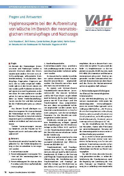 Vorschauseite 1: Hygieneaspekte bei der Aufbereitung von Wäsche im Bereich der neonatologischen Intensivpflege und Nachsorge