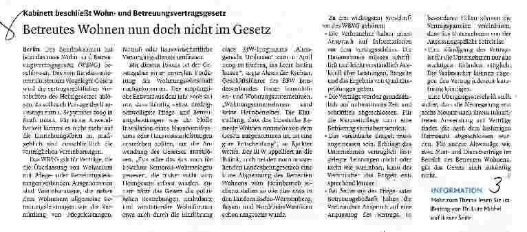 Vorschauseite 1: Betreutes Wohnen nun doch nicht im Gesetz