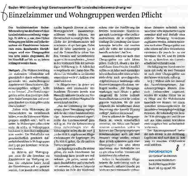 Vorschauseite 1: Einzelzimmer und Wohngruppen werden Pflicht