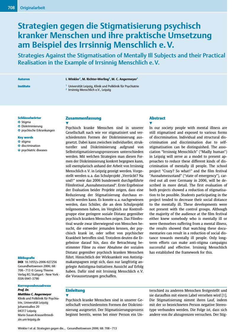 Vorschauseite 1: Strategien gegen die Stigmatisierung psychisch kranker Menschen und ihre praktische Umsetzung am Beispiel des Irrsinnig Menschlich e. V.