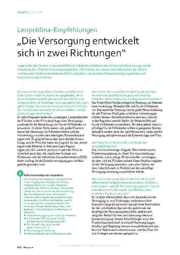 Vorschauseite 1: Leopoldina-Empfehlungen „Die Versorgung entwickelt sich in zwei Richtungen“