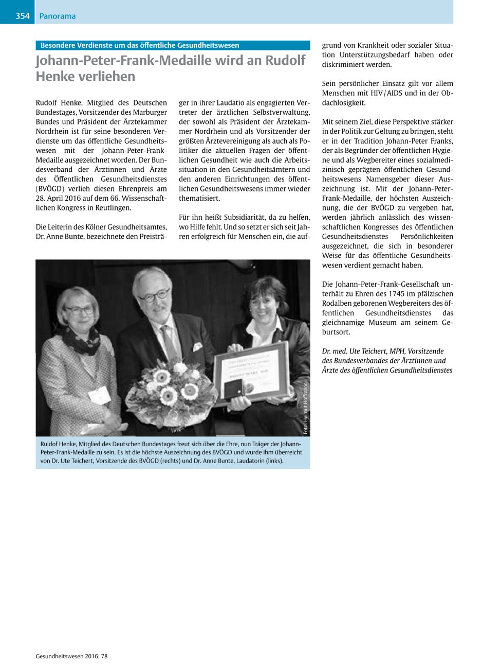 Vorschauseite 1: Johann-Peter-Frank-Medaille wird an Rudolf Henke verliehen