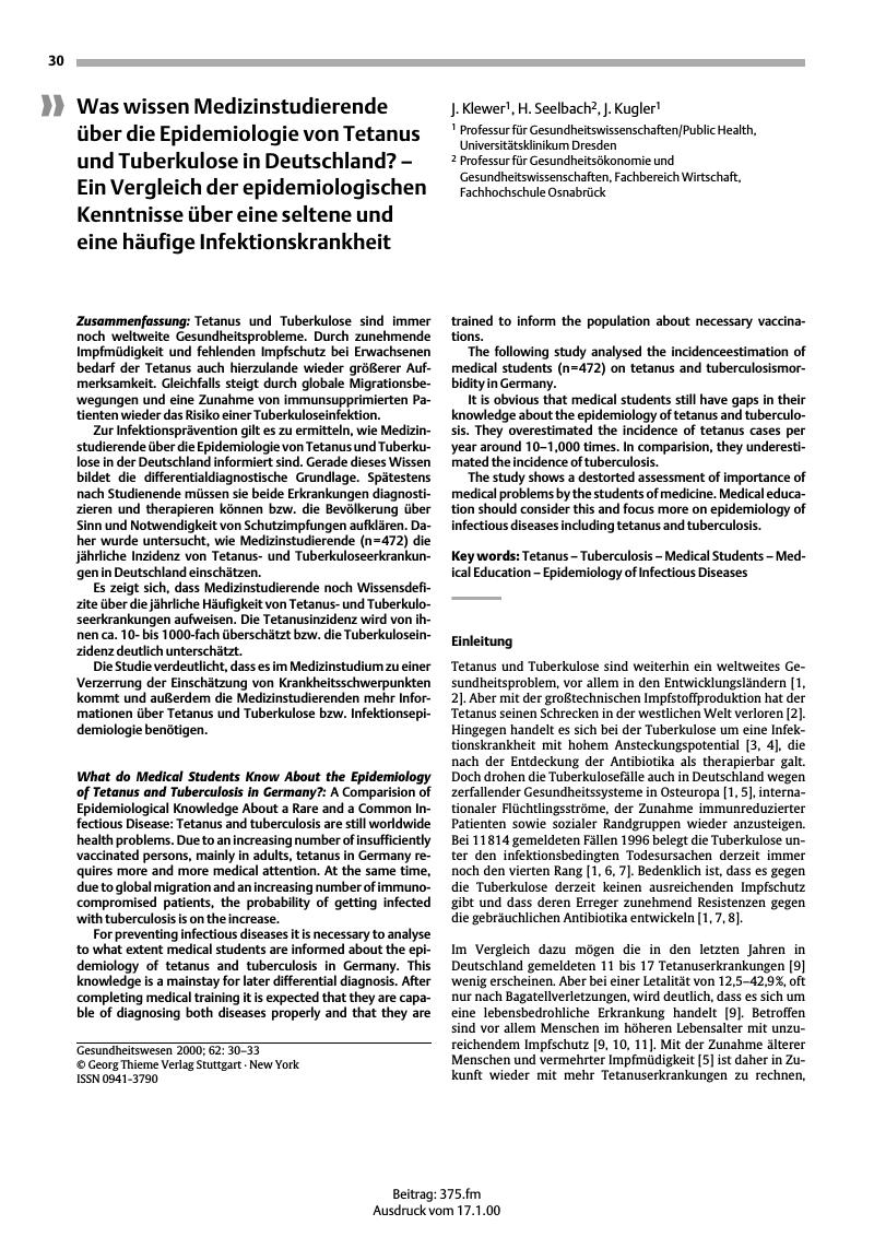 Vorschauseite 1: Was wissen Medizinstudierende über die Epidemiologie von Tetanus und Tuberkulose in Deutschland? - Ein Vergleich der epidemiologischen Kenntnisse über eine seltene und eine häufig…