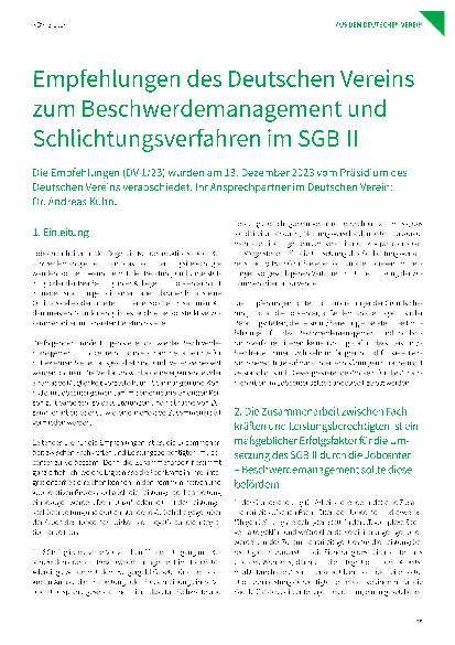 Vorschauseite 1: Empfehlungen des Deutschen Vereins zum Beschwerdemanagement und Schlichtungsverfahren im SGB II