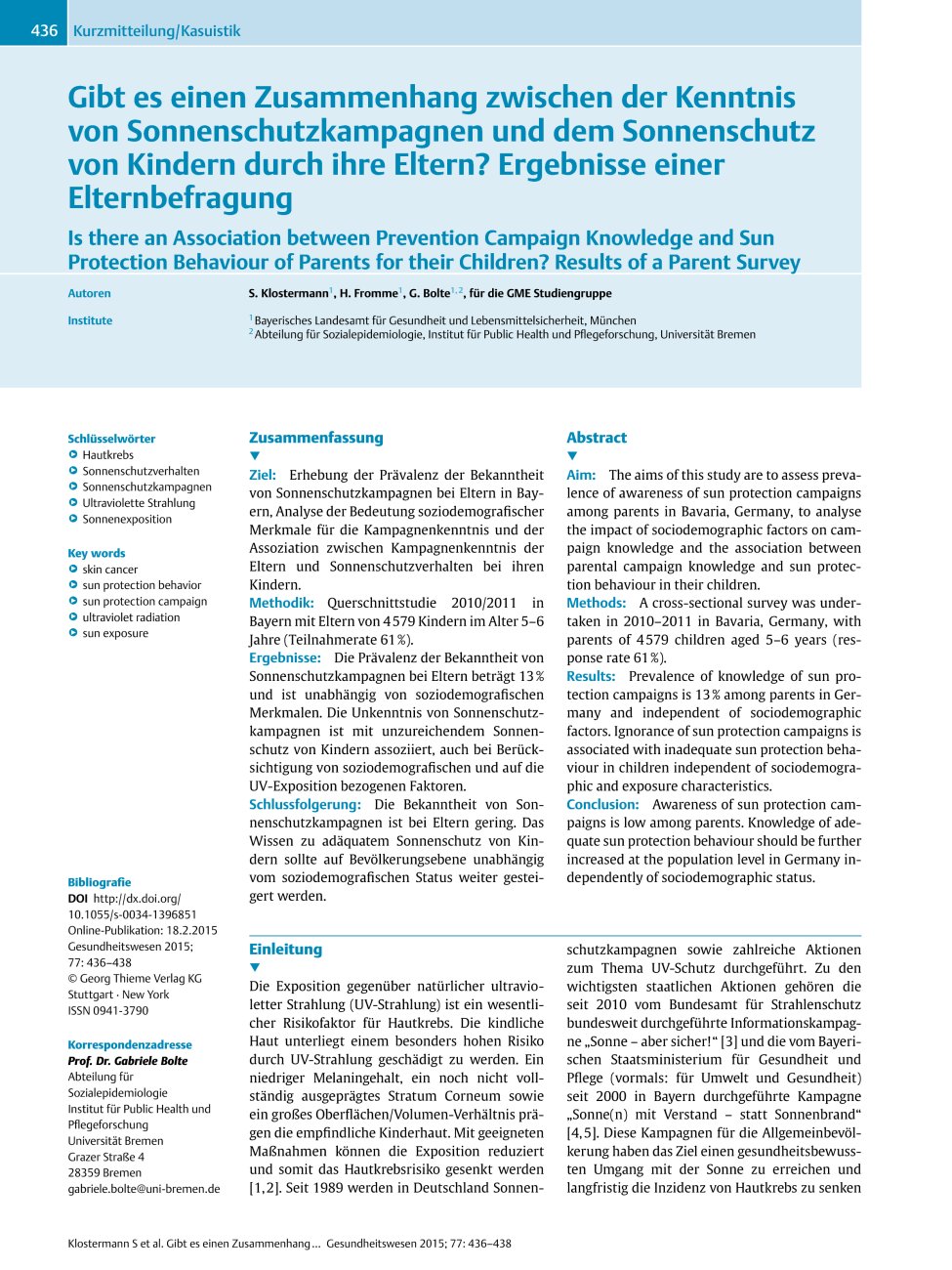 Vorschauseite 1: Gibt es einen Zusammenhang zwischen der Kenntnis von Sonnenschutzkampagnen und dem Sonnenschutz von Kindern durch ihre Eltern? Ergebnisse einer Elternbefragung