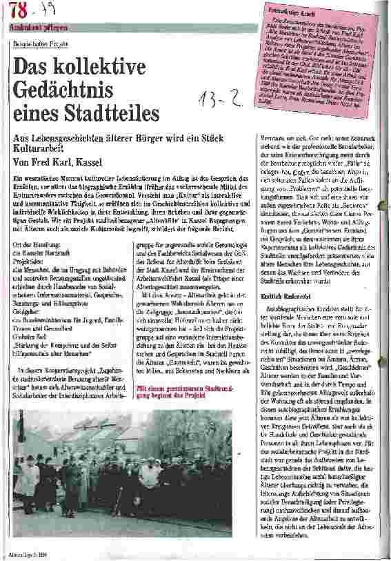 Vorschauseite 1: Das kollektive Gedächtnis eines Stadtteiles Aus Lebensgeschichten älterer Bürger wird ein Stück Kulturarbeit