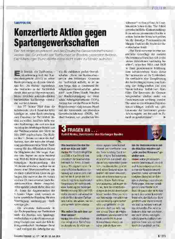 Vorschauseite 1: Konzertierte Aktion gegen Spartengewerkschaften