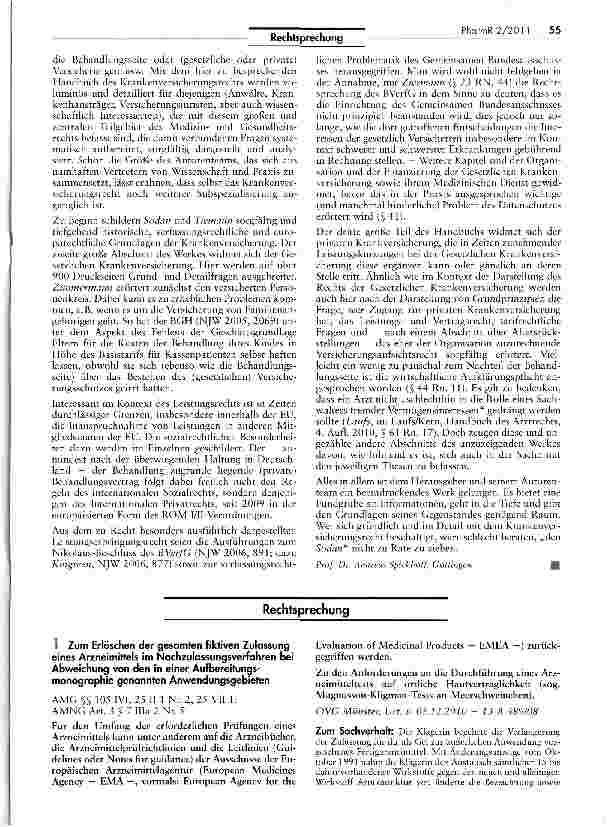 Vorschauseite 1: Zum Erlöschen der gesamten fiktiven Zulassung eines Arzneimittels im Nachzulassungsverfahren bei Abweichung von den in einer Aufbereifungsmonographie genannten AnwendungsgebietenA…