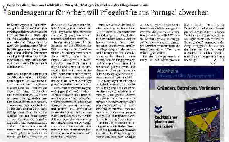 Vorschauseite 1: Bundesagentur für Arbeit will Pflegekräfte aus Portugal abwerben