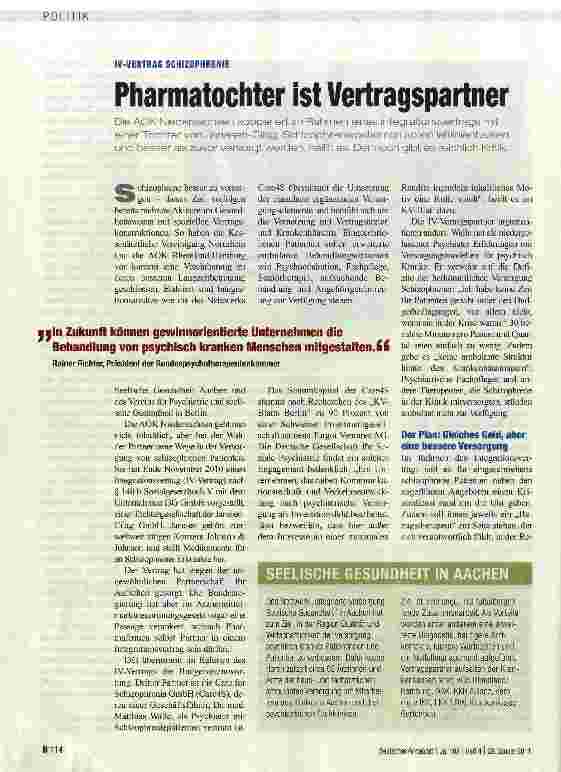 Vorschauseite 1: IV-VERTRAG SCHIZOPHRENIEPharmatochter ist Vertragspartner