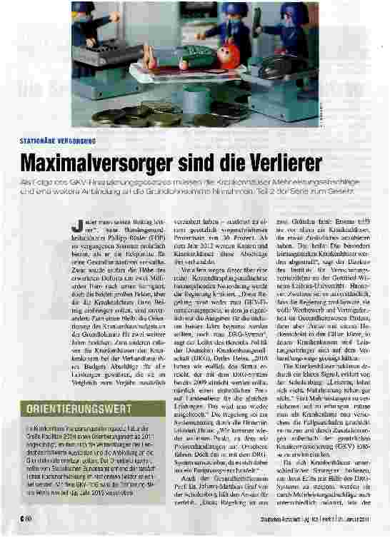 Vorschauseite 1: STATIONÄRE VERSORGUNGMaximalversorger sind die Verlierer