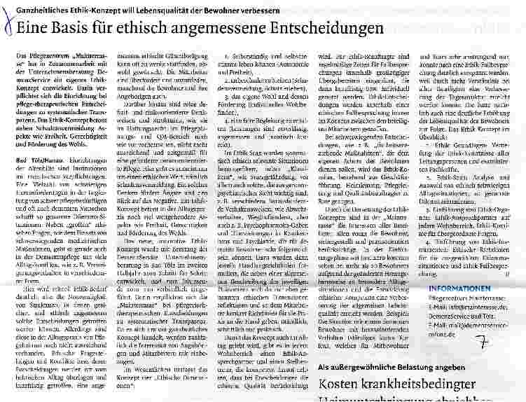 Vorschauseite 1: Ganzheitliches Ethik-Konzept will Lebensqualität der Bewohner verbessernEine Basis für ethisch angemessene Entscheidungen