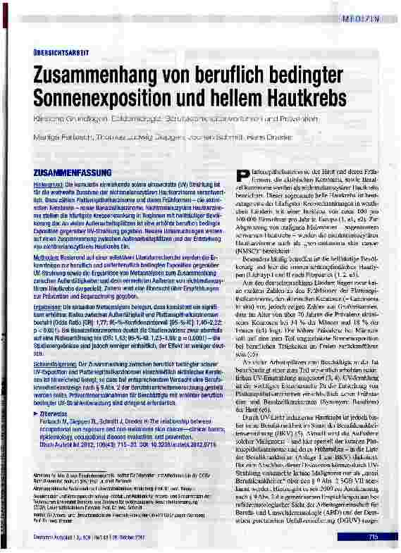 Vorschauseite 1: Zusammenhang von beruflich bedingter Sonnenexposition und hellem Hautkrebs