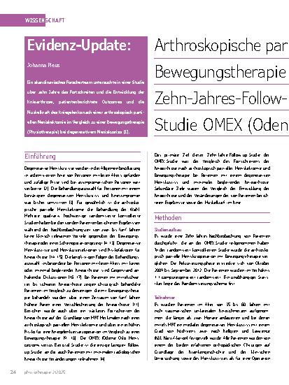 Vorschauseite 1: Arthroskopische partielle Meniskektomie bei degenerativen Meniskusrissen: versus Zehn JahresFollow Studie OMEX (Oden up der randomisiert kontrollierten