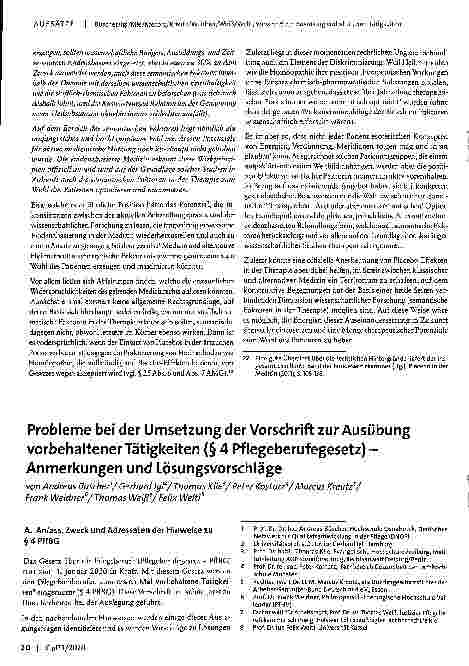 Vorschauseite 1: Probleme bei der Umsetzung der Vorschrift zur Ausübung vorbehaltener Tätigkeiten (§ 4 Pflegeberufegesetz) - Anmerkungen und Lösungsvorschläge