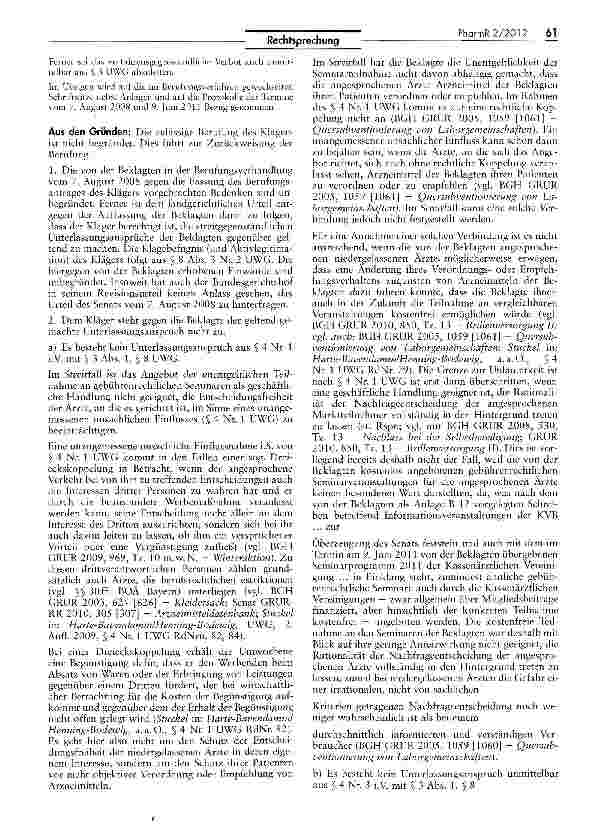 Vorschauseite 2: Zur lauterkeitsrechtlichen Beurteilung eines von einem Pharmaunternehmen unentgeltlich angebotenen Arzt-Seminars UWG §§ 3, 4 Nr. 1, 3, 11; HWG § 7; BOÄ Bayern § 32, J 33