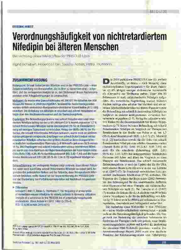 Vorschauseite 1: Verordnungshäufigkeit von nichtretardiertem Nifedipin bei älteren Menschen