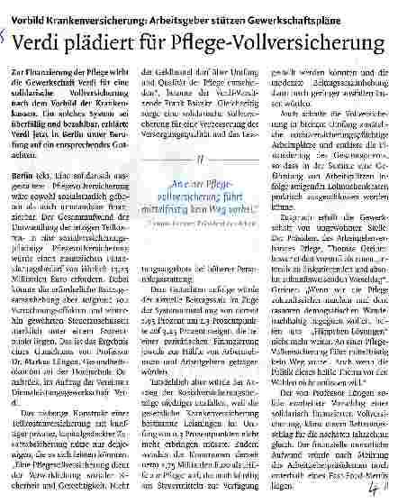 Vorschauseite 1: Verdi plädiert für Pflege-Vollversicherung