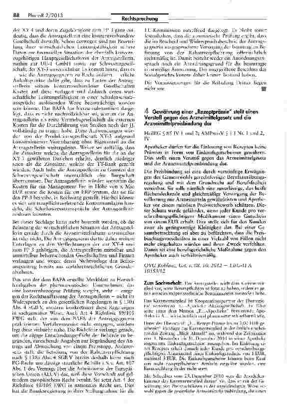Vorschauseite 1: Gewährung einer „Rezeptprämie stellt einen Verstoß gegen das Arzneimittelgesetz und die Arzneimittelpreisbindung dar HeilBG 5 85 IV 1 und 2; AMPreisV § 1 1 Nr. 1 und 2, IV