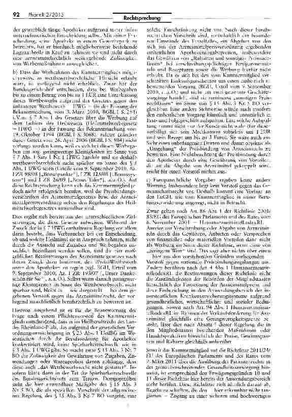 Vorschauseite 5: Gewährung einer „Rezeptprämie stellt einen Verstoß gegen das Arzneimittelgesetz und die Arzneimittelpreisbindung dar HeilBG 5 85 IV 1 und 2; AMPreisV § 1 1 Nr. 1 und 2, IV