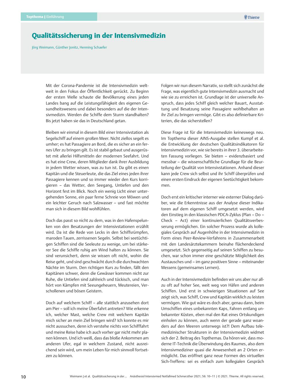 Vorschauseite 1: Qualitätssicherung in der Intensivmedizin