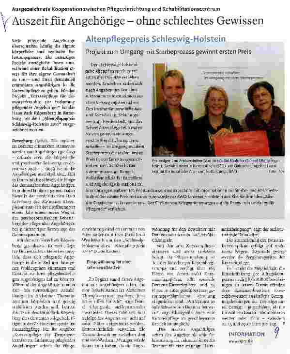 Vorschauseite 1: Ausgezeichnete Kooperation zwischen Pflegeeinrichtung und RehabilitationszentrumAuszeit für Angehörige - ohne schlechtes Gewissen