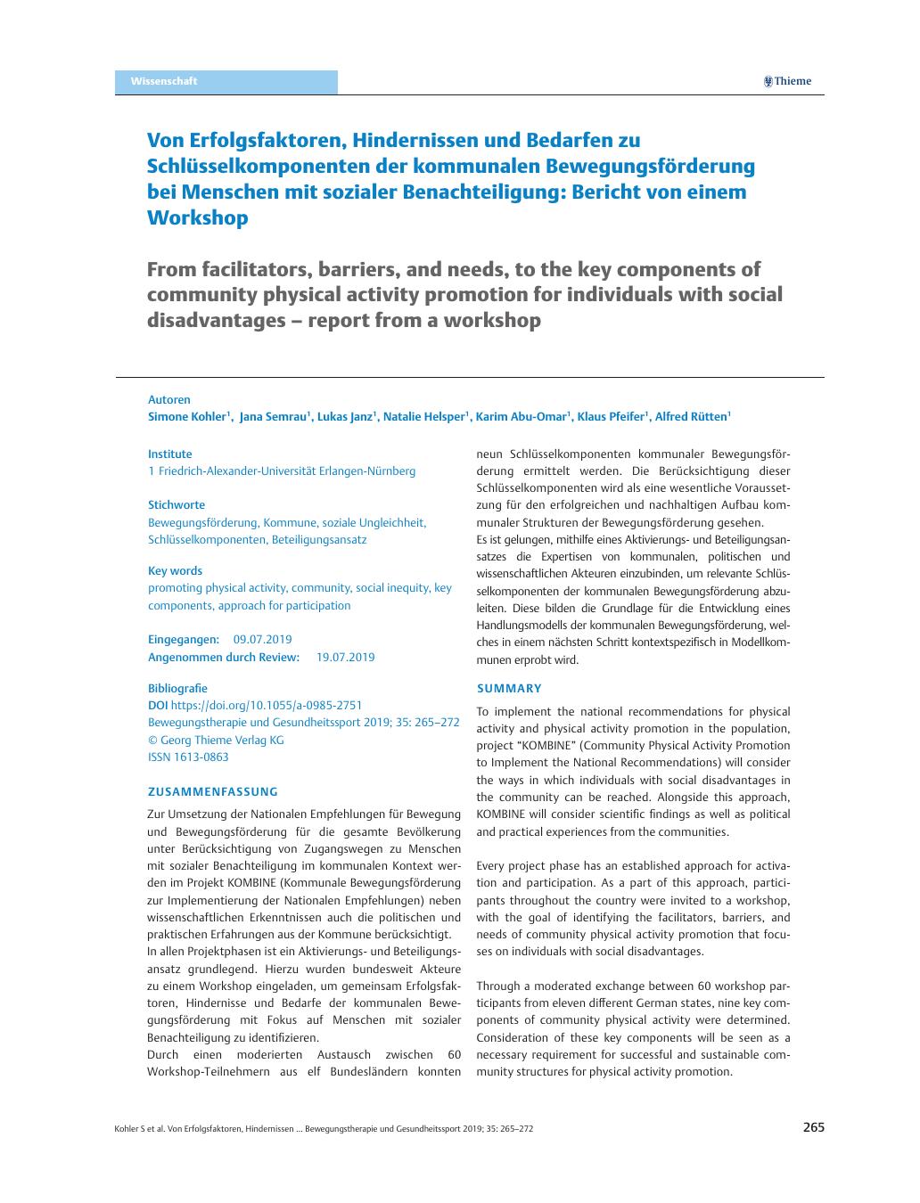 Vorschauseite 1: Von Erfolgsfaktoren, Hindernissen und Bedarfen zu Schlüsselkomponenten der kommunalen Bewegungsförderung bei Menschen mit sozialer Benachteiligung: Bericht von einem Workshop