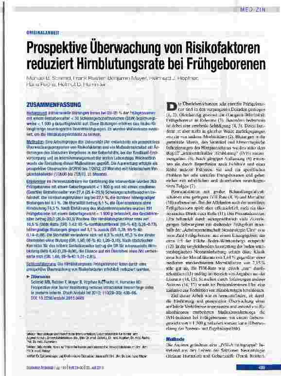 Vorschauseite 1: Prospektive Überwachung von Risikofaktoren reduziert Hirnblutungsrate bei Frühgeborenen