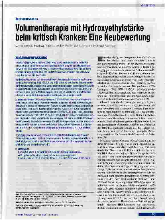 Vorschauseite 1: Volumentherapie mit Hydroxyethylstärke beim kritisch Kranken: Eine Neubewertung