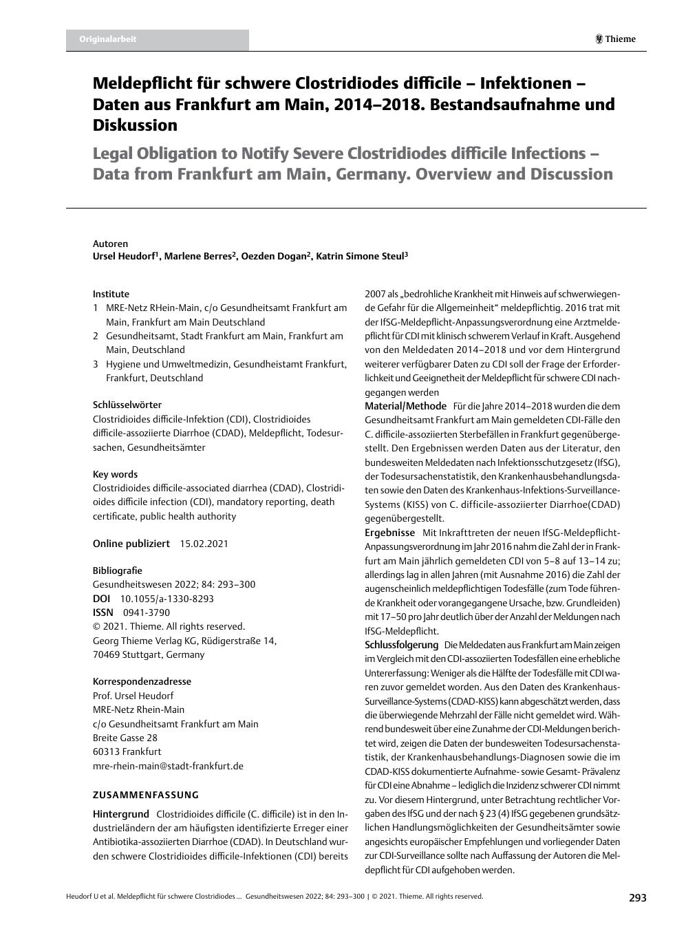 Vorschauseite 1: Meldepflicht für schwere Clostridioides difficile – Infektionen – Daten aus Frankfurt am Main, 2014–2018. Bestandsaufnahme und Diskussion.