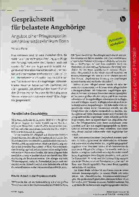 Vorschauseite 1: Gesprächszeit für belastete Angehörige - Angebot einer Pflegeexpertin am Universitätsklinikum Bonn