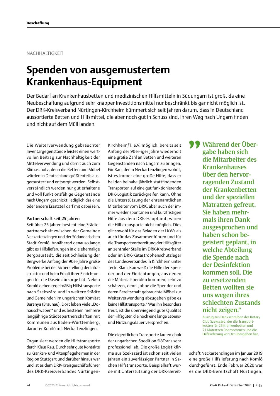 Vorschauseite 1: Nachhaltigkeit: Spenden von ausgemustertem Krankenhaus-Equipment