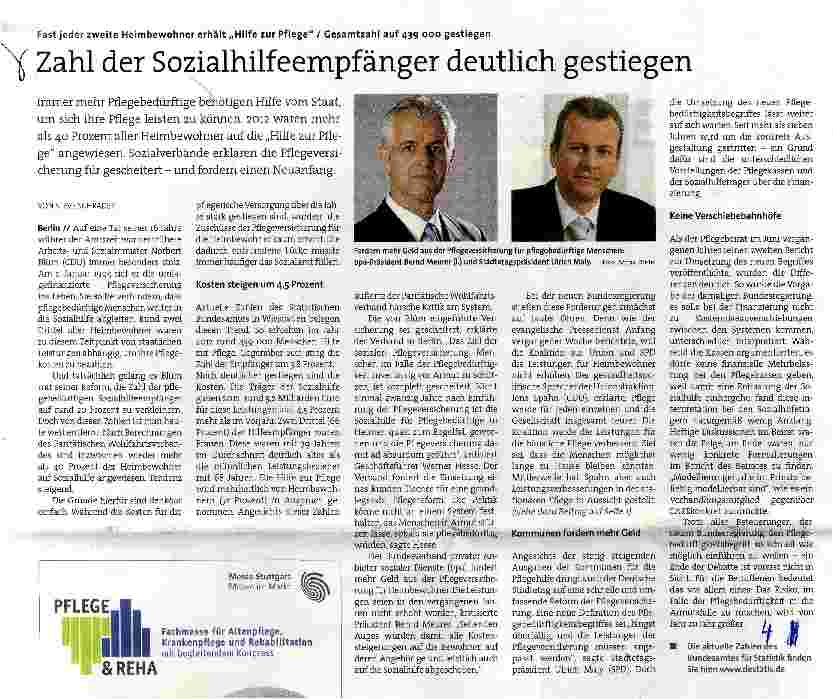 Vorschauseite 1: Fast jeder zweite Heimbewohner erhält „Hilfe zur Pflege / Gesamtzahl auf 439 000 gestiegen. Zahl der Sozialhilfeempfänger deutlich gestiegen