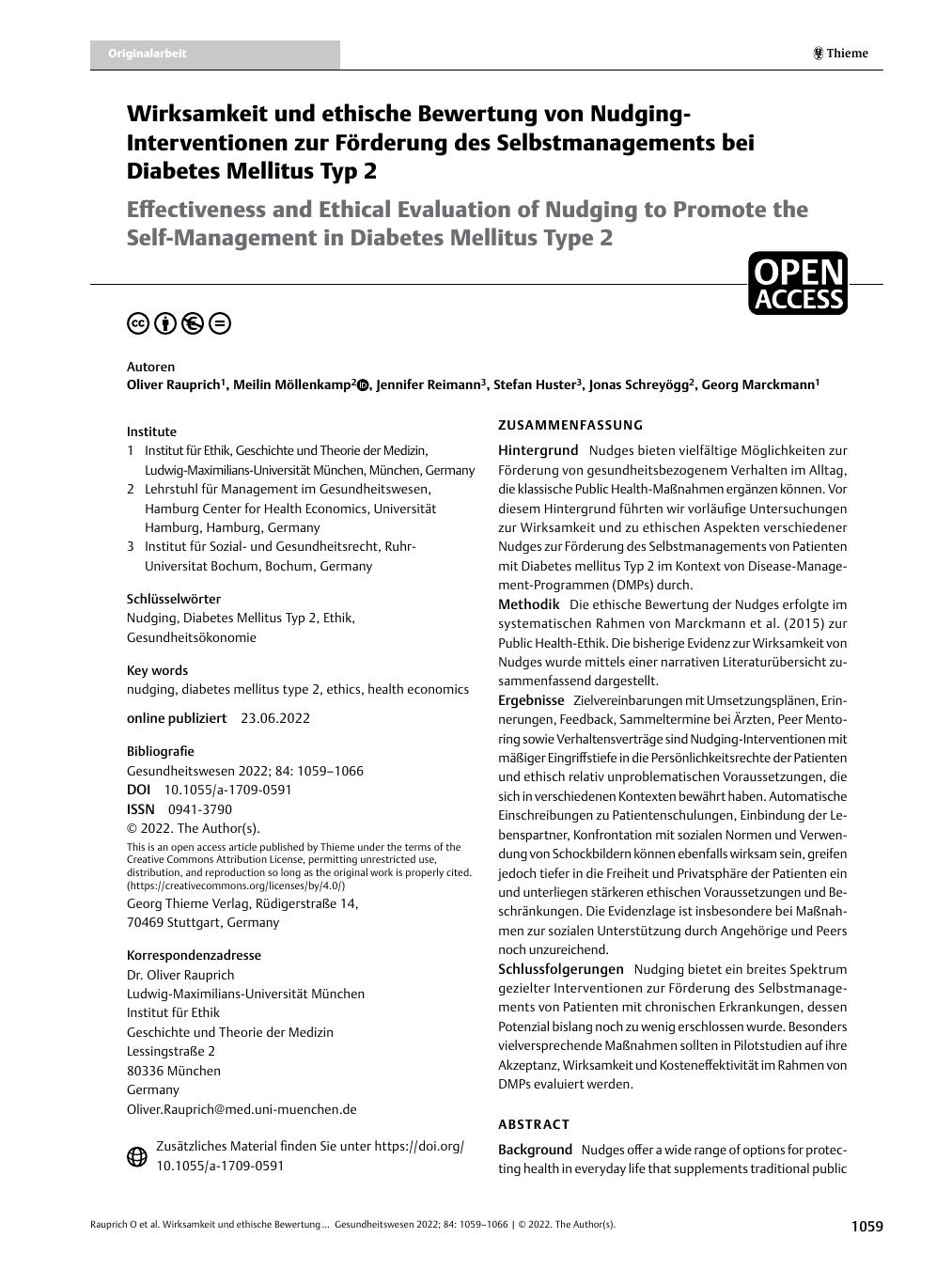 Vorschauseite 1: Wirksamkeit und ethische Bewertung von Nudging-Interventionen zur Förderung des Selbstmanagements bei Diabetes Mellitus Typ 2