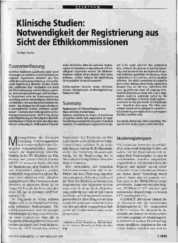 Vorschauseite 1: Klinische Studien: Notwendigkeit der Registrierung ausSicht der Ethikkommissionen