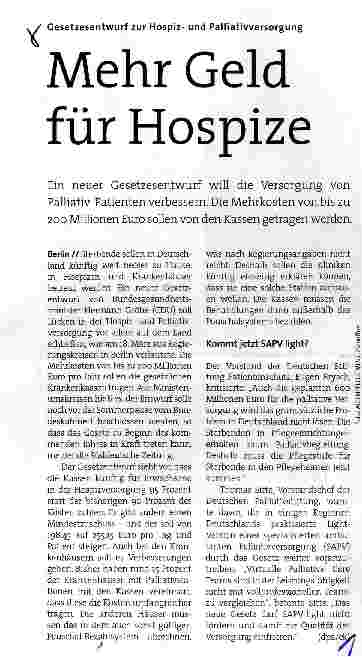 Vorschauseite 1: Mehr Geld für Hospize