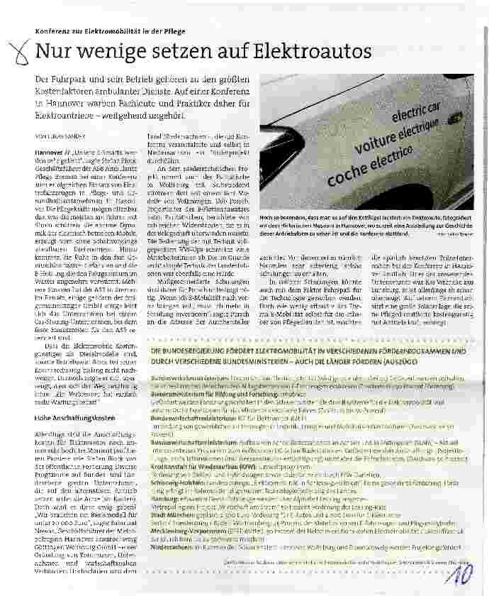 Vorschauseite 1: Konferenz zur Eiektromobilität in der Pflege Nur wenige setzen auf Elektroautos
