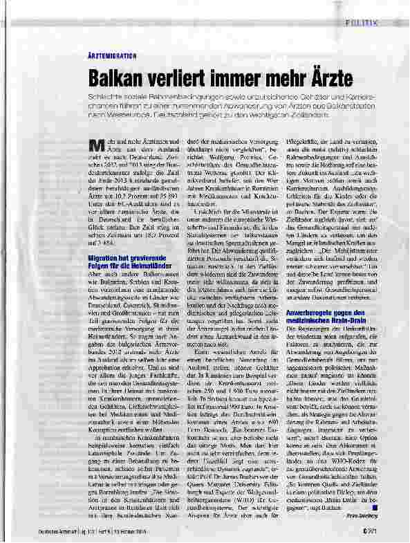 Vorschauseite 1: Balkan verliert immer mehr Ärzte