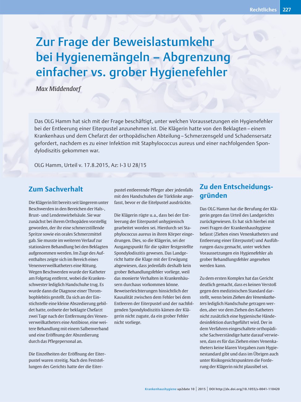 Vorschauseite 1: Zur Frage der Beweislastumkehr bei Hygienemängeln ? Abgrenzung einfacher vs. grober Hygienefehler